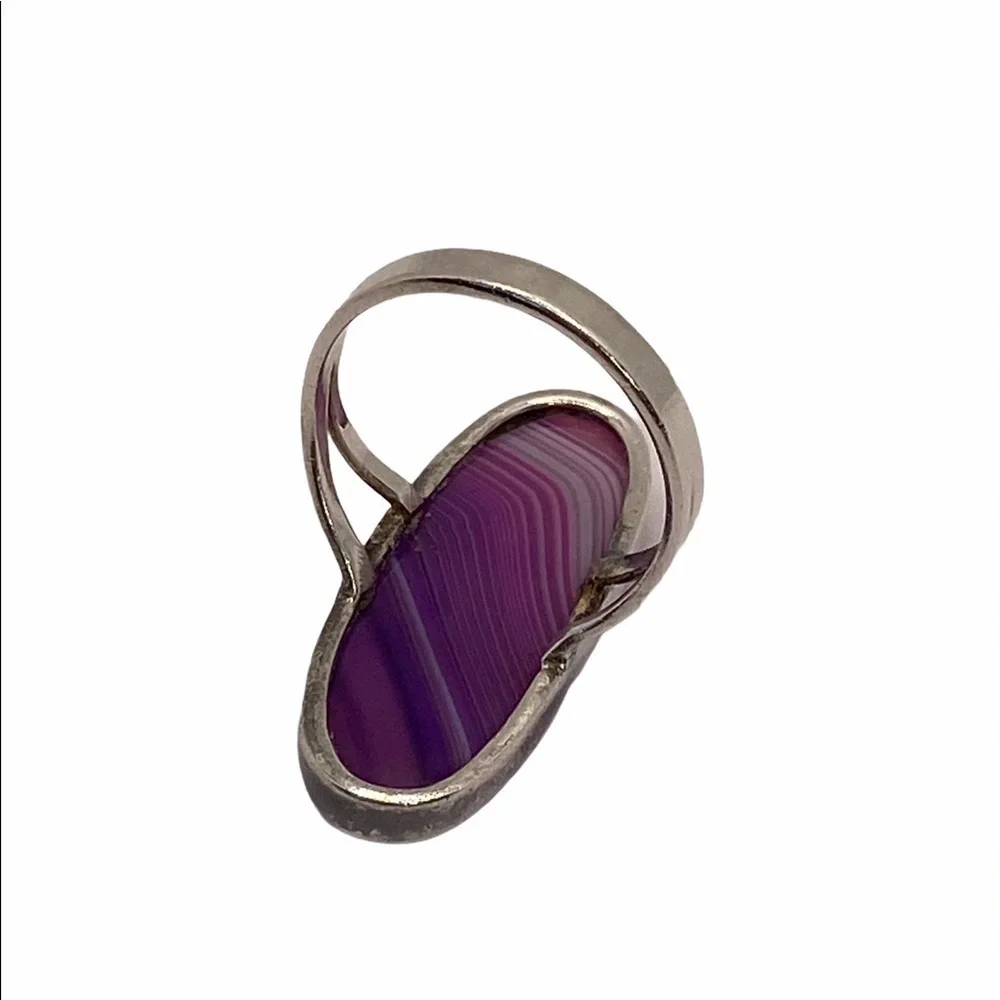 925 Sterling Silver Purple Striped Agate Ring size 7.5 vintage Statement
